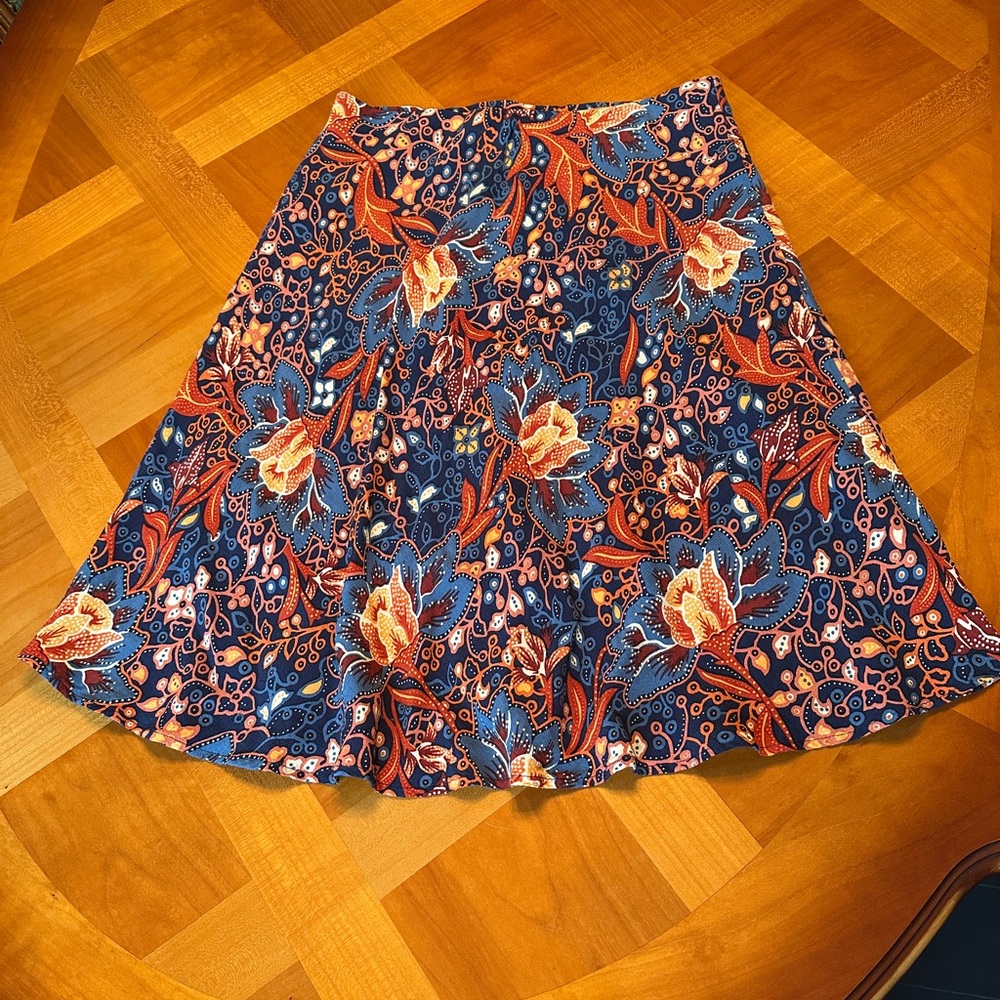 Anthropologie S Slip Skirt Floral Blue Red Knee Length Fall Winter